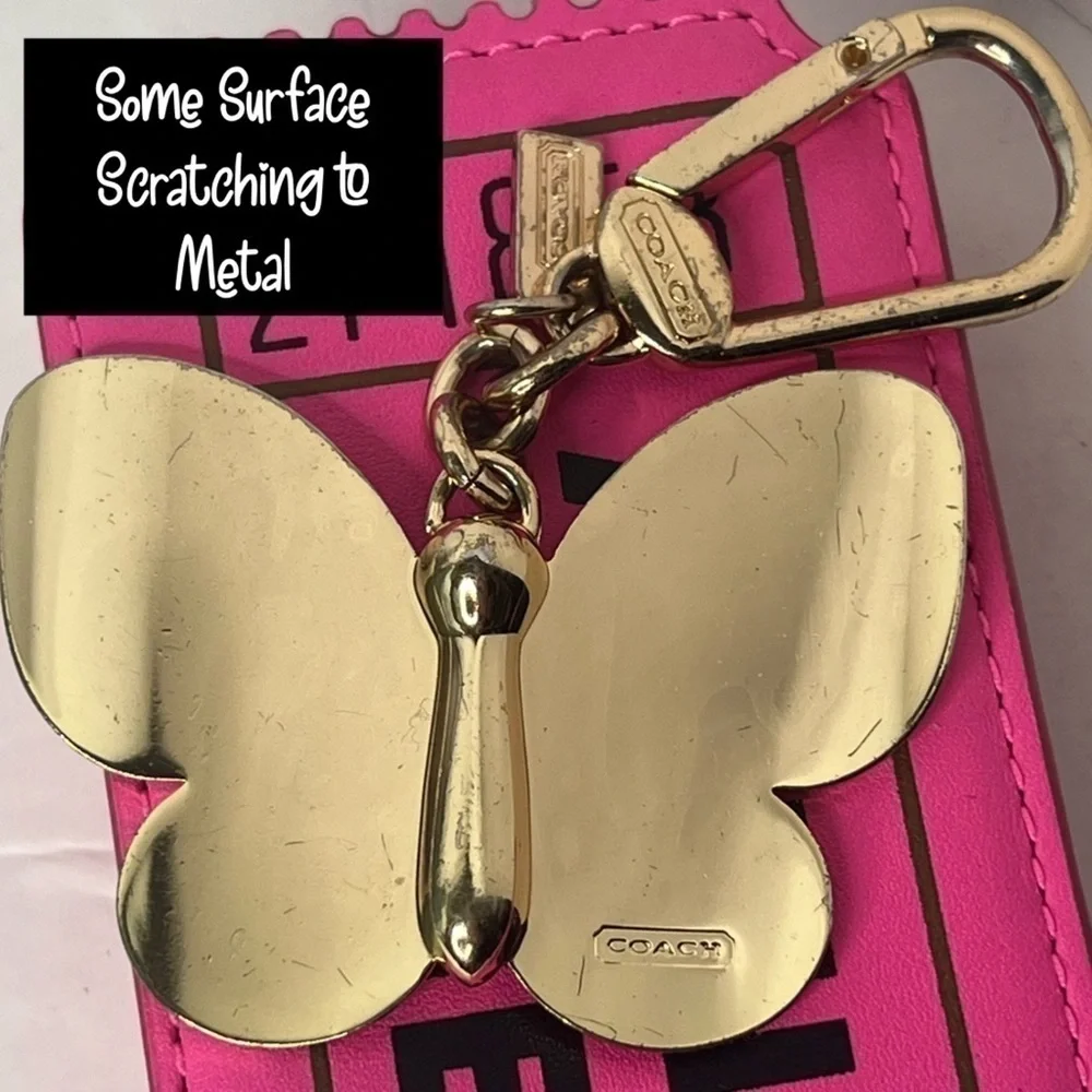 Coach Butterfly White and Gold Enamel Metal Keychain Fob Charm Rare